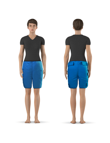 Šortų naudojimo pavyzdys, moteris dėvi ARTRAID terapinius šortus, skirtus klubų ir šlaunų sričiai apgaubti bei komfortui naudojimo metu.