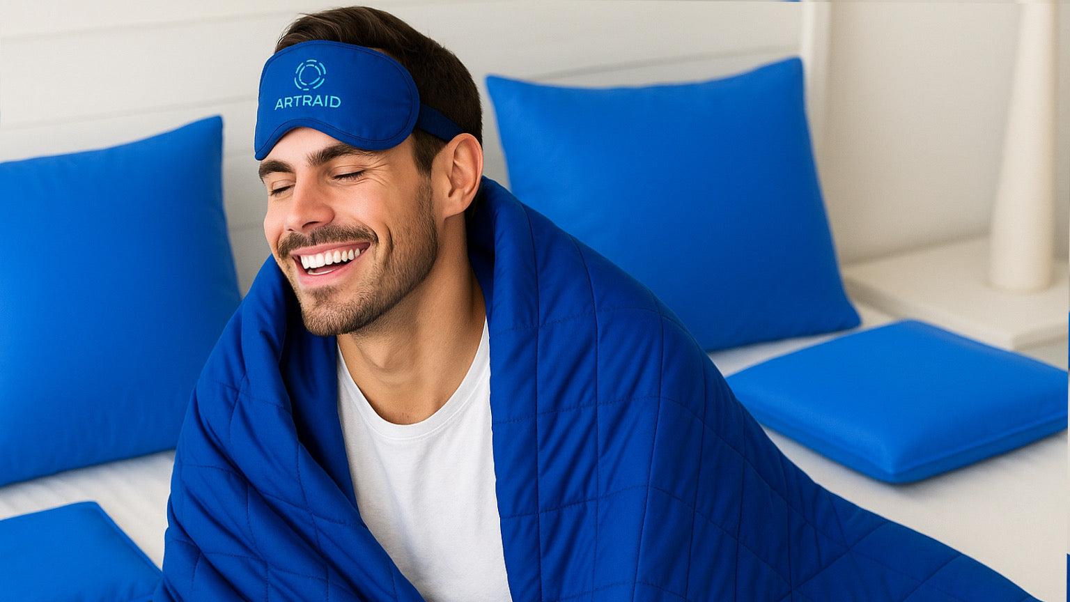 Vyras su ARTRAID miego kauke ir šildančiu mėlynu pledu atsipalaiduoja namų aplinkoje, mėgaudamasis poilsiu ir komfortu.