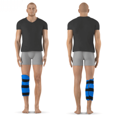 Kojų aplikatoriaus naudojimo pavyzdys ant blauzdų ir kelių srities, rodantis kaip ARTRAID aplikatorius tvirtinamas ir dėvimas ant abiejų kojų. Vyro siluetas.