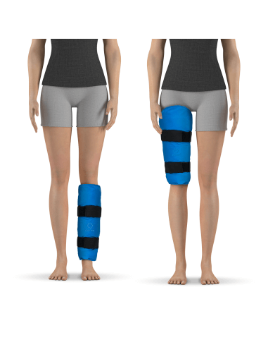 Universalaus aplikatoriaus naudojimo pavyzdys ant kojos, rodantis kaip ARTRAID aplikatorius tvirtinamas aplink šlaunies arba blauzdos sritį stabilizavimui ir komfortui.