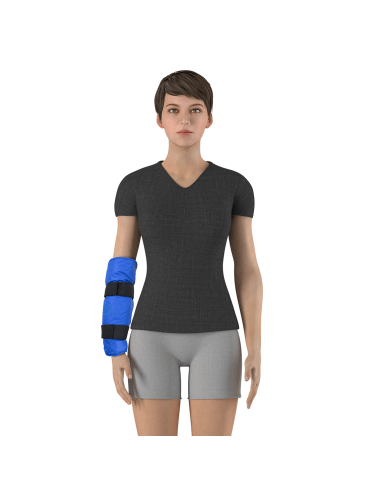 Universalaus aplikatoriaus naudojimo pavyzdys ant rankos, rodantis kaip ARTRAID aplikatorius tvirtinamas aplink dilbio sritį stabilizavimui ir komfortui.