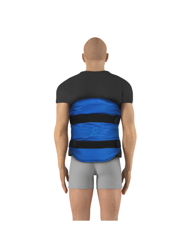 Universalaus aplikatoriaus naudojimo pavyzdys ant nugaros, rodantis kaip ARTRAID aplikatorius tvirtinamas aplink juosmens ir nugaros srities stabilumui, komfortui ar skausmo mažinimui.