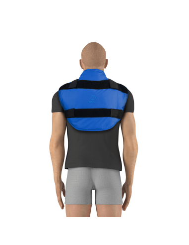 Universalaus aplikatoriaus naudojimo pavyzdys ant pečių ir viršutinės nugaros dalies, rodantis kaip ARTRAID aplikatorius tvirtinamas aplink pečių juostą komfortui, stabilumui ar skausmo mažinimui.