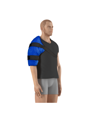 Universalaus aplikatoriaus naudojimo pavyzdys ant peties, rodantis kaip ARTRAID aplikatorius tvirtinamas aplink peties ir žąsto srities.