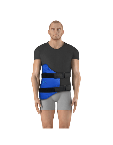 Universalaus aplikatoriaus naudojimo pavyzdys ant juosmens ir šono srities, rodantis kaip ARTRAID aplikatorius tvirtinamas aplink liemenį stabilumui ir komfortui.